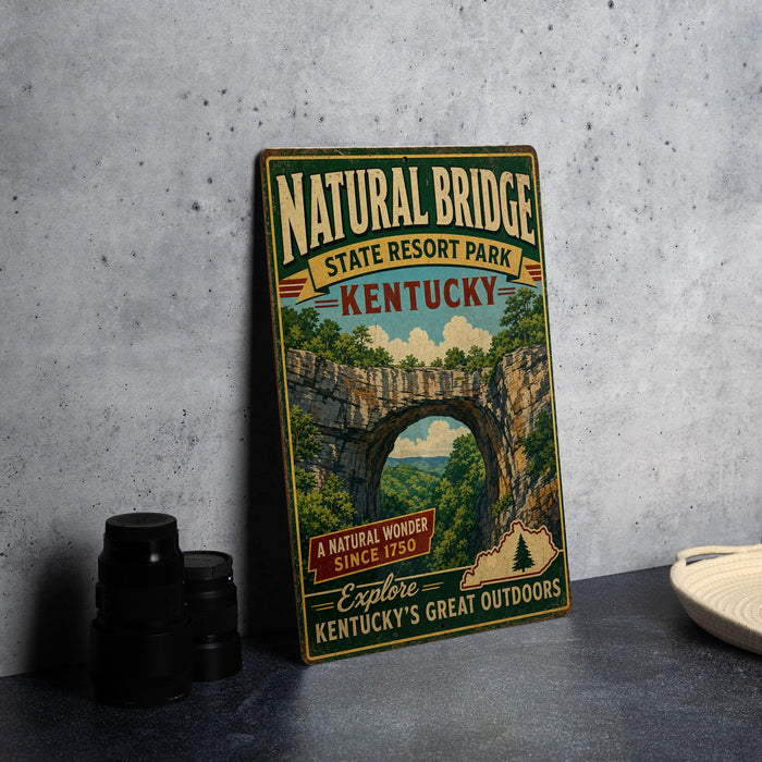 A vintage-style metal sign for Natural Bridge State Resort Park in Kentucky, featuring a scenic illustration of the bridge and the surrounding landscape.