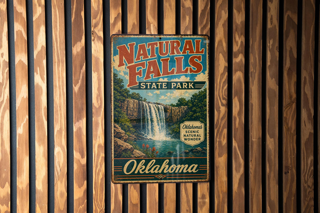 A vintage-style metal sign for Natural Falls State Park in Oklahoma, featuring a waterfall and lush greenery.