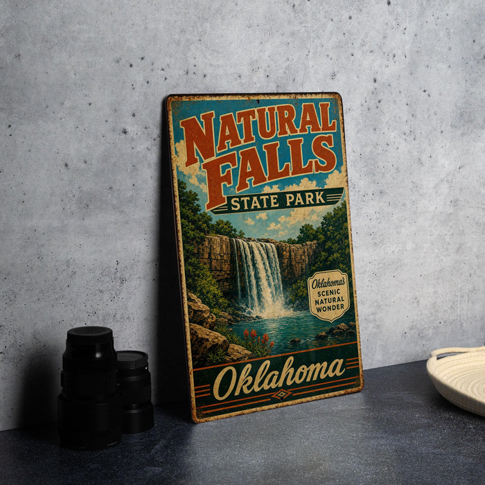 A vintage-style sign for Natural Falls State Park in Oklahoma, featuring a waterfall and lush greenery.