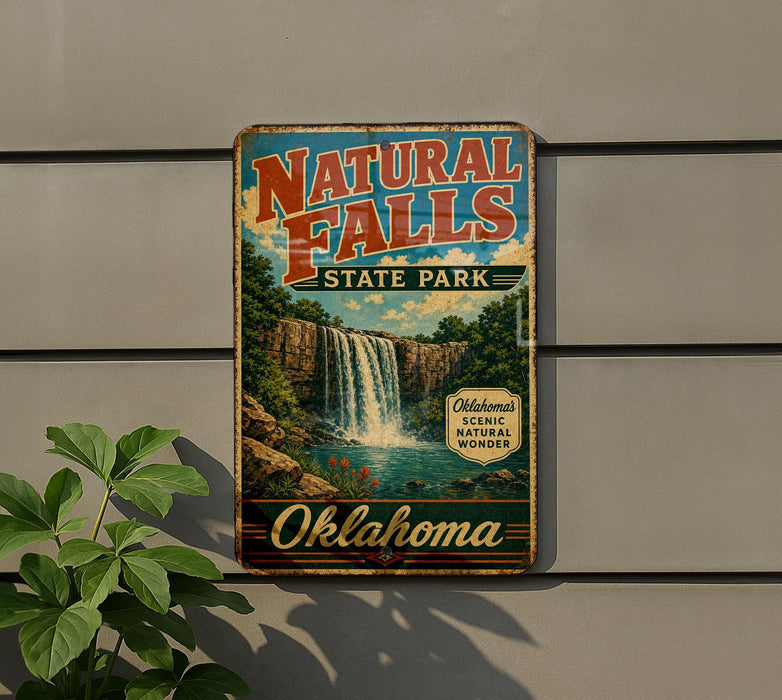 A vintage-style sign for Natural Falls State Park in Oklahoma, featuring a waterfall and lush greenery.