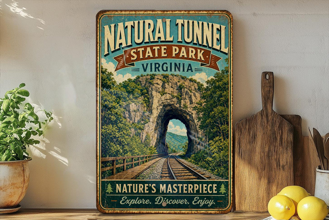 A vintage-style sign for the Natural Tunnel State Park in Virginia, featuring a scenic image of a tunnel surrounded by lush greenery and mountains.