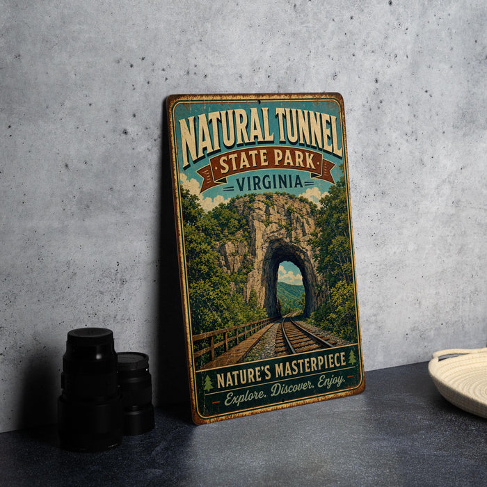 A vintage-style metal sign for Natural Tunnel State Park in Virginia, featuring a scenic image of a tunnel surrounded by lush greenery.