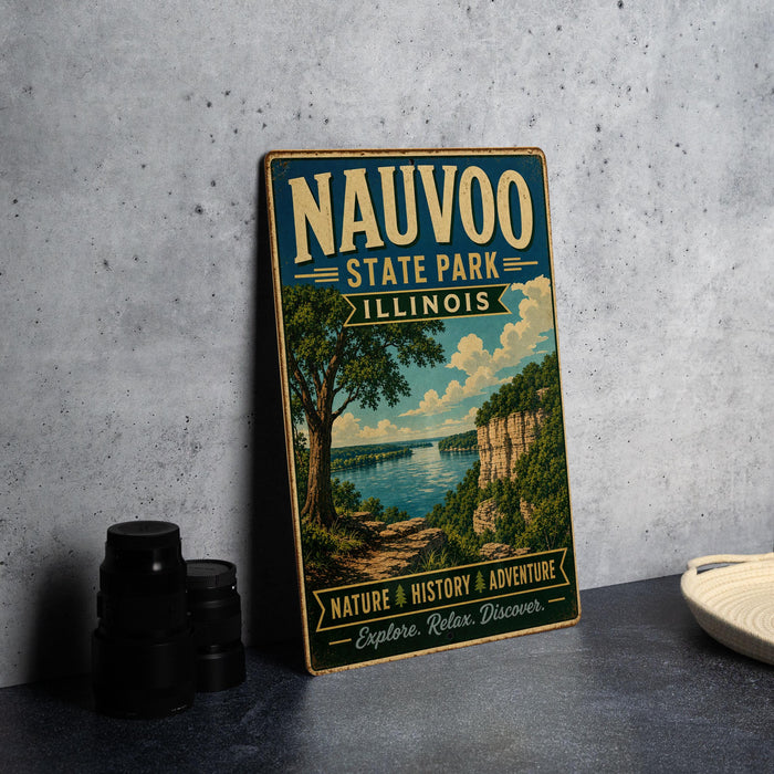 A vintage-style metal sign for Nauvoo State Park in Illinois, featuring a scenic landscape with a river and cliffs.