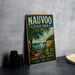 A vintage-style metal sign for Nauvoo State Park in Illinois, featuring a scenic landscape with a river and cliffs.