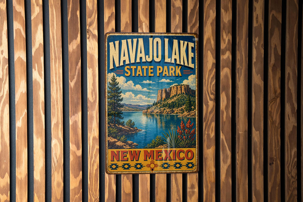 A vintage metal sign for Navajo Lake State Park in New Mexico, featuring a scenic landscape with a lake, mountains, and a pine tree.
