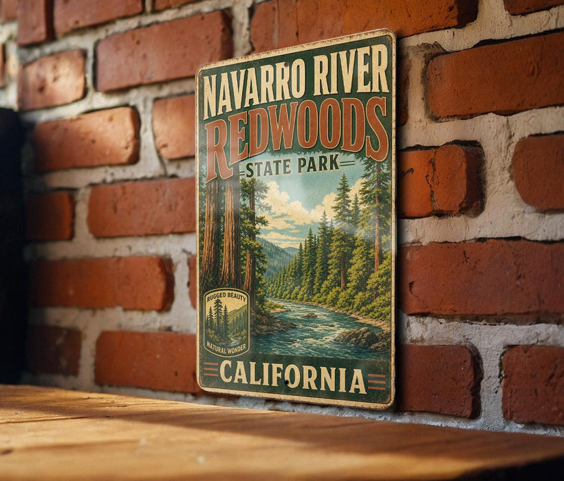A vintage metal sign for Navarro River Redwoods State Park in California, featuring a scenic illustration of the park's natural surroundings.