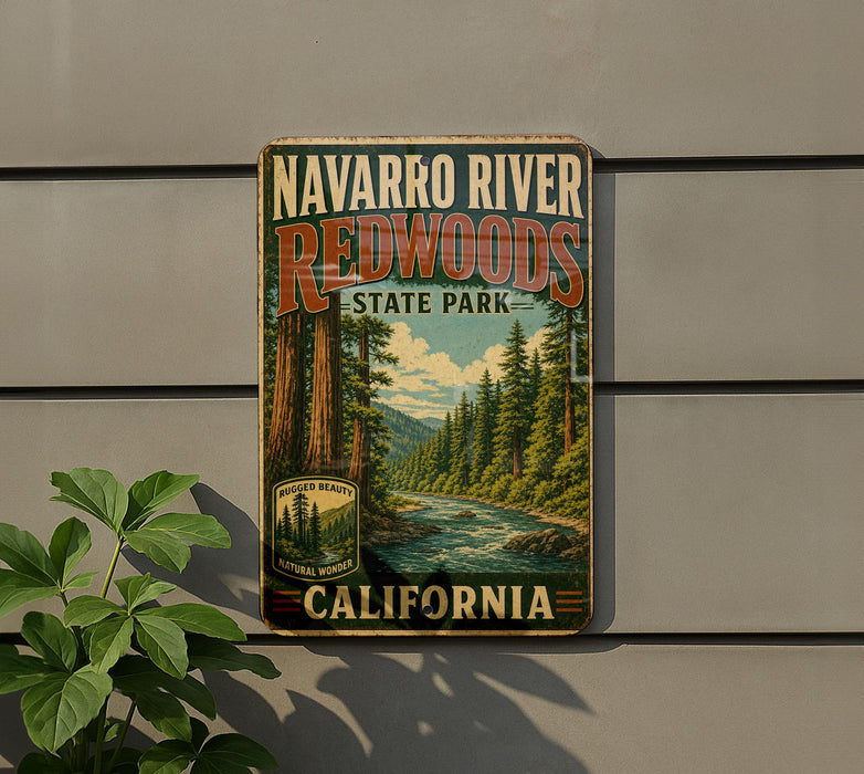 A vintage-style sign for Navarro River Redwoods State Park in California, featuring a scenic illustration of the park's natural surroundings.