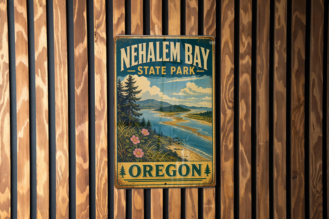 A vintage-style metal sign for Nehalem Bay State Park in Oregon, featuring a scenic landscape with mountains, trees, and a river.