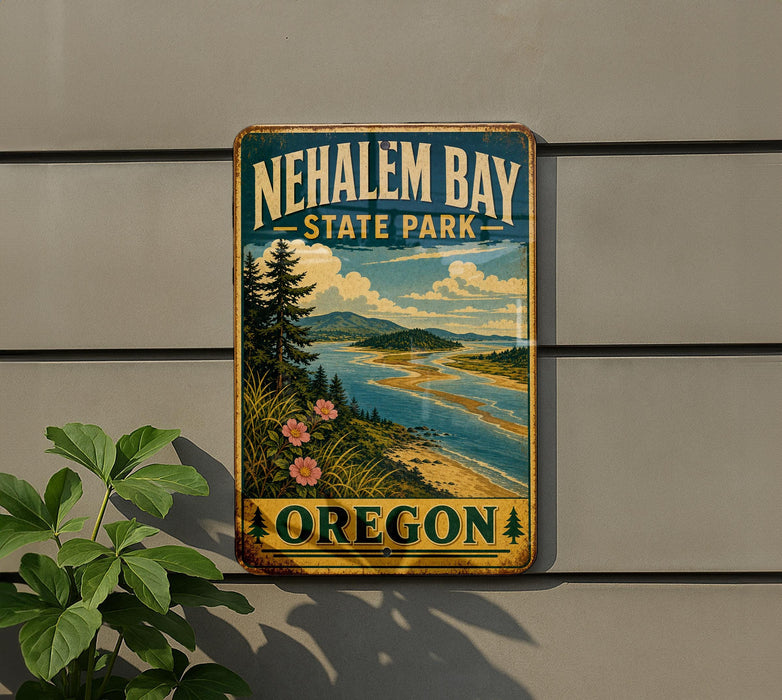 A vintage-style metal sign for Nehalem Bay State Park in Oregon, featuring a scenic landscape with a river, mountains, and pine trees.