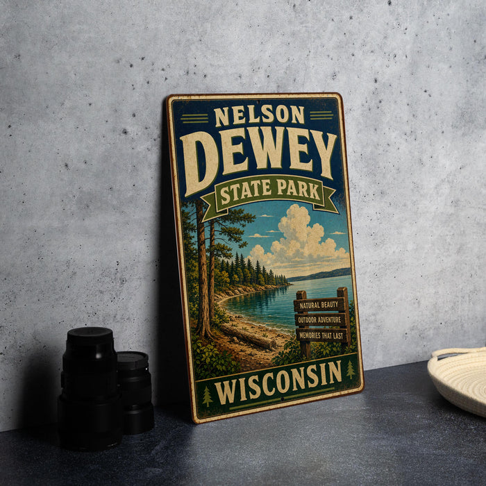 A vintage-style metal sign for Nelson Dewey State Park in Wisconsin, featuring a scenic landscape with a lake and pine trees.