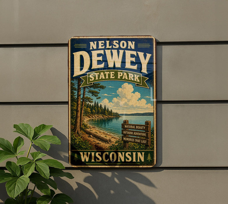A vintage-style metal sign for Nelson Dewey State Park in Wisconsin, featuring a scenic landscape with pine trees, a lake, and a beach.