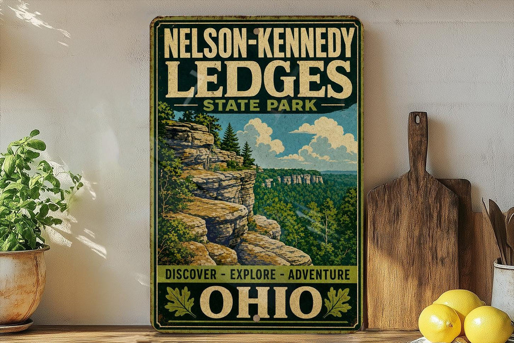 A vintage-style sign for Nelson-Kennedy Ledge State Park in Ohio, featuring a scenic landscape with a cliff and trees.