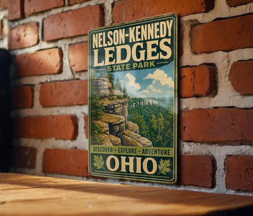 A vintage-style metal sign for Nelson-Kennedy Lidges State Park in Ohio, featuring a scenic image of the park's natural landscape.