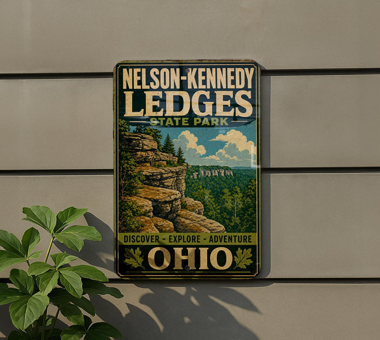 A vintage-style metal sign for Nelson-Kennedy Ledge State Park in Ohio, featuring a scenic landscape with a cliff and trees.