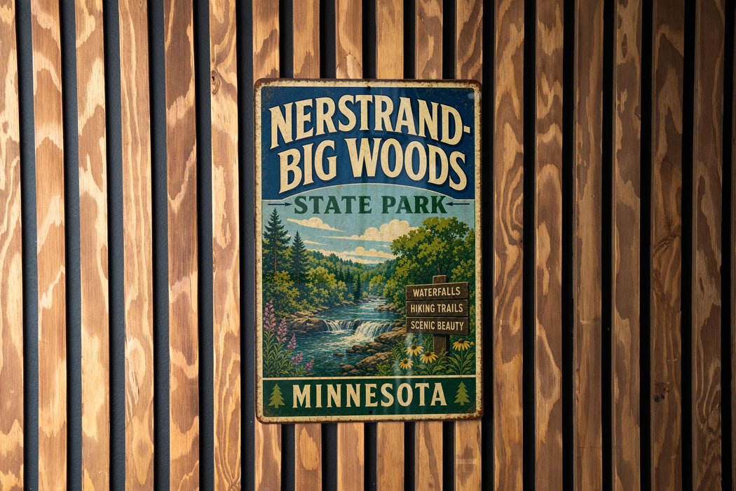 A vintage-style sign fornersand-big woods state park in Minnesota, featuring a scenic image of a forest and a waterfall.