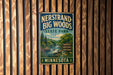 A vintage-style sign fornersand-big woods state park in Minnesota, featuring a scenic image of a forest and a waterfall.