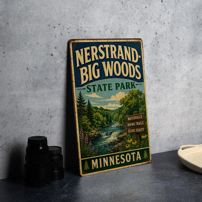 A vintage-style sign fornersand-big-woods state park in Minnesota, featuring a scenic illustration of a forest and a waterfall.