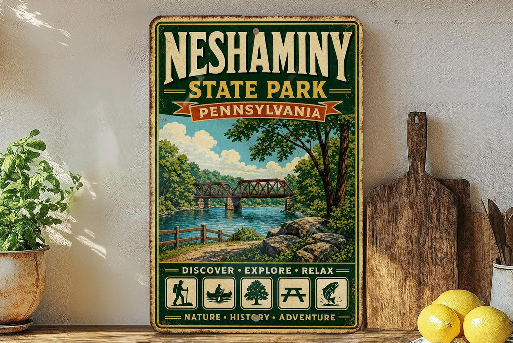 A vintage-style metal sign for Neshaminy State Park in Pennsylvania, featuring a scenic illustration of a bridge over a river surrounded by trees and greenery.