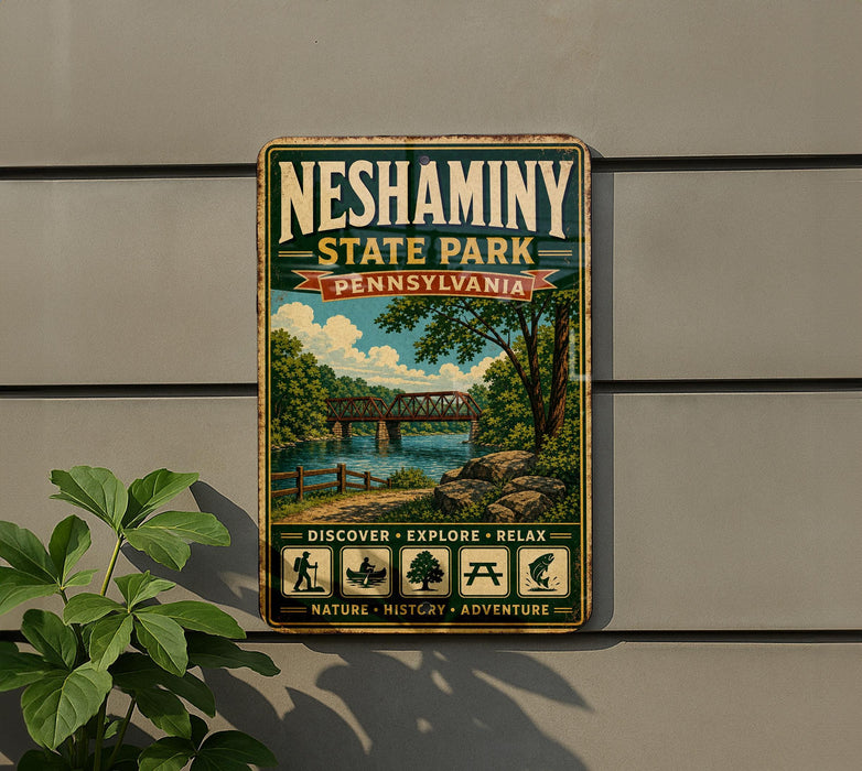 A vintage-style metal sign for Neshaminy State Park in Pennsylvania, featuring a scenic illustration of a bridge and lush greenery.