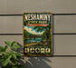 A vintage-style metal sign for Neshaminy State Park in Pennsylvania, featuring a scenic illustration of a bridge and lush greenery.