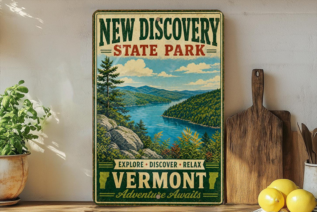 A vintage-style sign for New Discovery State Park, featuring a scenic landscape with mountains, a lake, and pine trees.
