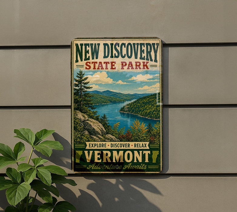 A vintage-style metal sign for New Discovery State Park, featuring a scenic landscape with a lake and mountains.