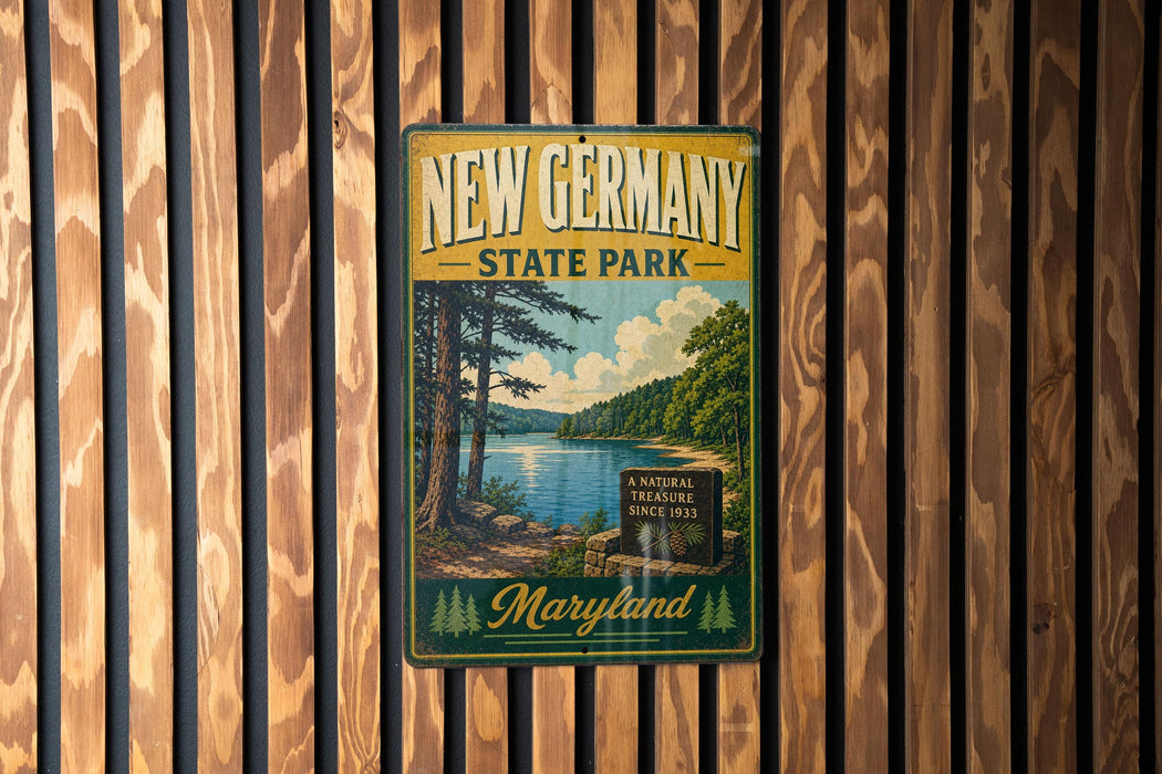 A vintage-style metal sign for New Germany State Park in Maryland, featuring a scenic landscape with a lake and forest.