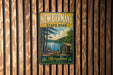 A vintage-style metal sign for New Germany State Park in Maryland, featuring a scenic landscape with a lake and forest.