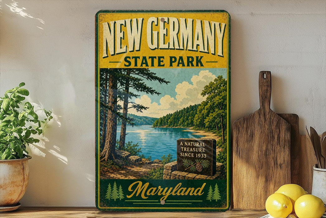 A vintage-style metal sign for New Germany State Park, featuring a scenic landscape with a lake and pine trees, is displayed on a shelf next to a wooden cutting board and some lemons.