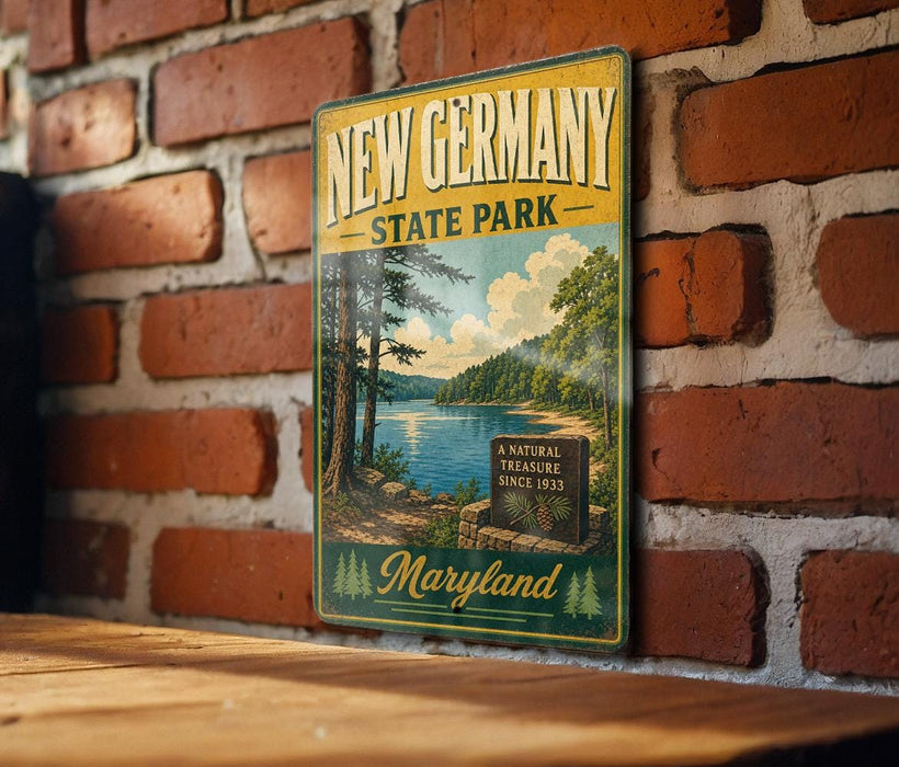 A vintage-style metal sign for New Germany State Park, featuring a scenic landscape with a lake and forest.