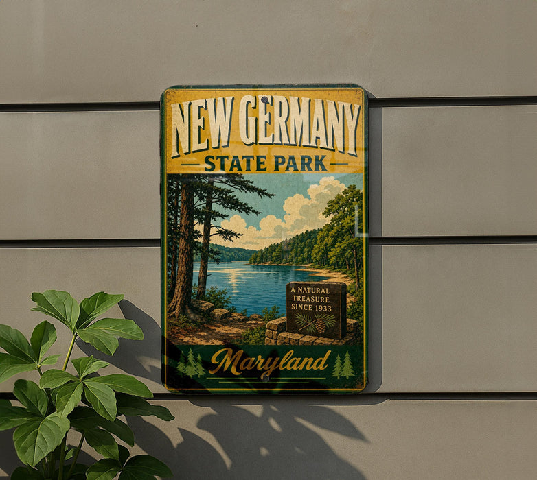 A vintage-style metal sign for New Germany State Park, featuring a scenic landscape with a lake, trees, and a sign indicating the park's natural treasure since 1933.