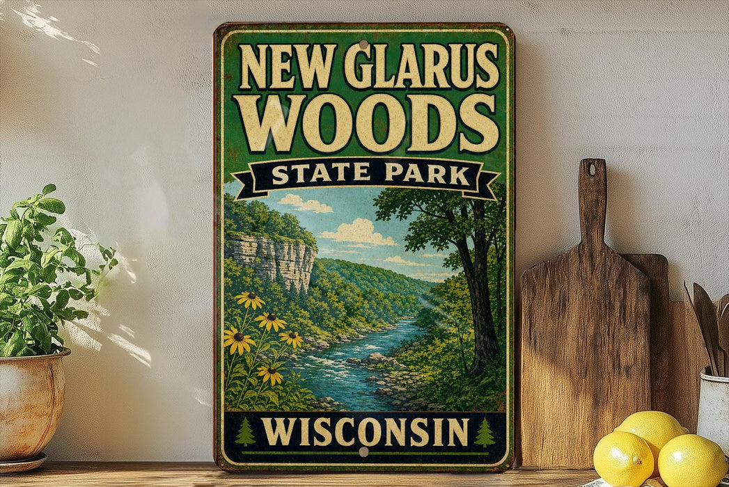 A vintage-style sign for New Glarus Woods State Park in Wisconsin, featuring a scenic landscape with a river, trees, and mountains.