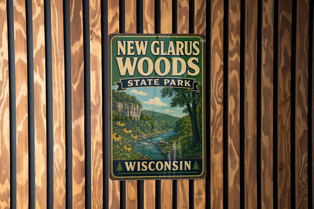 A vintage-style metal sign for New Glarus Woods State Park in Wisconsin, featuring a scenic illustration of a river and forest landscape.