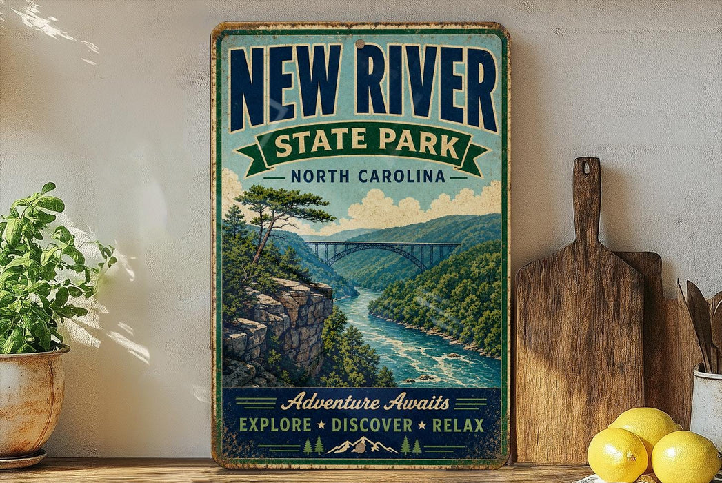 A vintage-style sign for New River State Park in North Carolina, featuring a scenic illustration of a river and mountains.