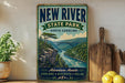 A vintage-style sign for New River State Park in North Carolina, featuring a scenic illustration of a river and mountains.