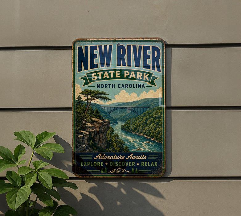 A vintage-style metal sign for New River State Park in North Carolina, featuring a scenic landscape with a river, bridge, and mountains.