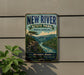 A vintage-style metal sign for New River State Park in North Carolina, featuring a scenic landscape with a river, bridge, and mountains.