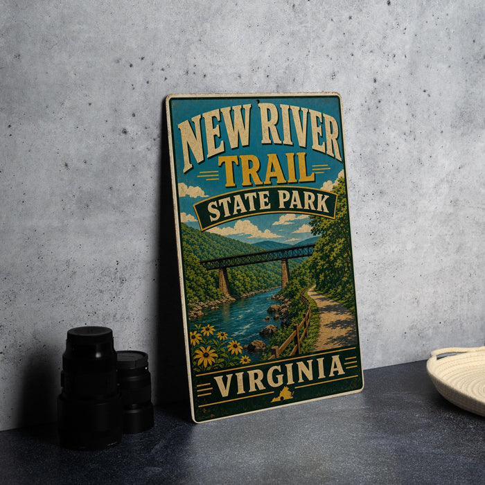 A vintage-style sign for the New River Trail at State Park in Virginia, featuring a scenic illustration of a river and bridge.