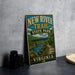 A vintage-style sign for the New River Trail at State Park in Virginia, featuring a scenic illustration of a river and bridge.