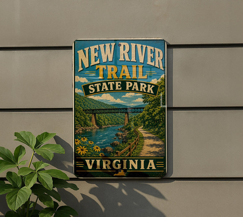 A vintage-style sign for the New River Trail State Park in Virginia, featuring a scenic illustration of a river and bridge.