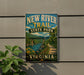 A vintage-style sign for the New River Trail State Park in Virginia, featuring a scenic illustration of a river and bridge.