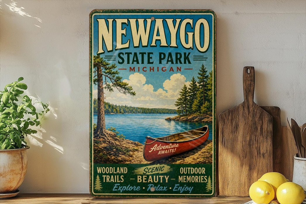 A vintage-style metal sign for Newaygo State Park in Michigan, featuring a scenic image of a canoe on a lake surrounded by pine trees.