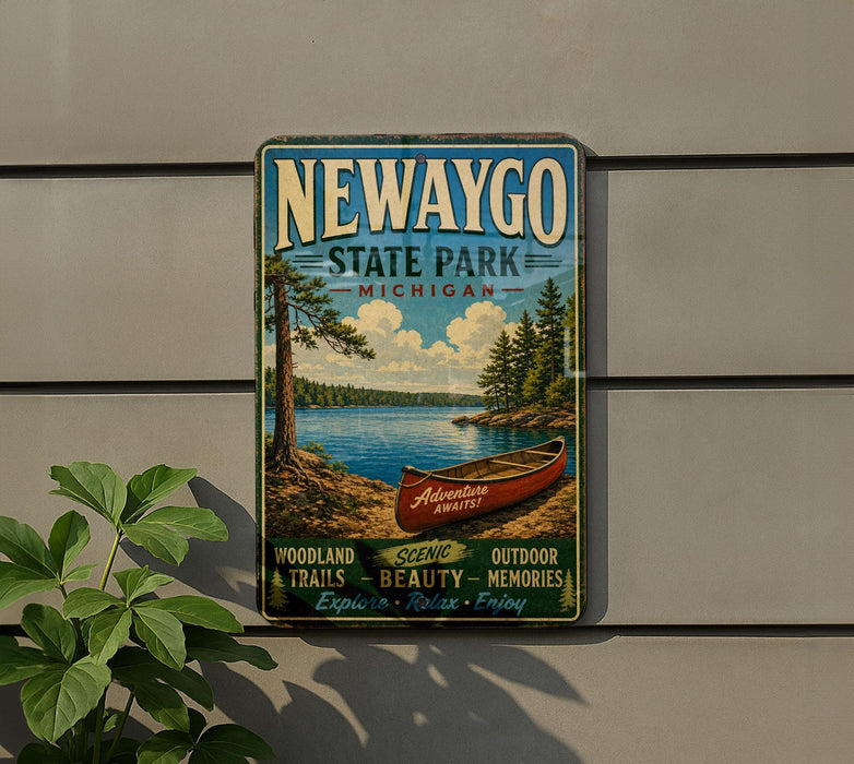 A vintage-style metal sign for Newaygo State Park, Michigan, featuring a canoe on a lake surrounded by trees and mountains.