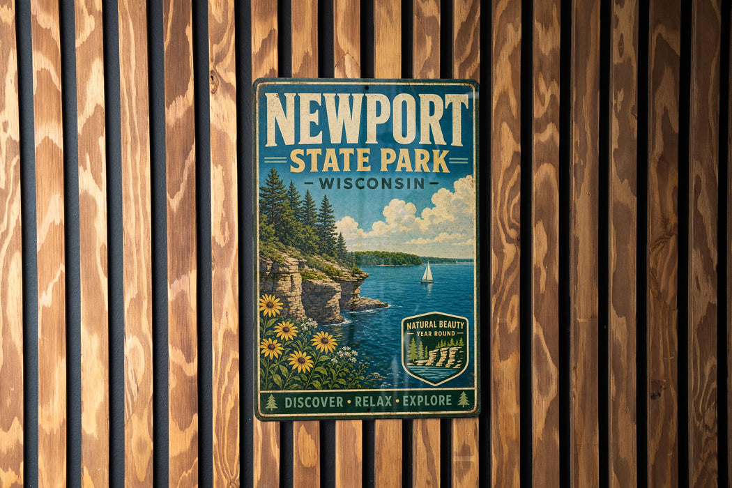 A vintage-style metal sign for Newport State Park in Wisconsin, featuring a scenic landscape with a lake, cliffs, and a sailboat.