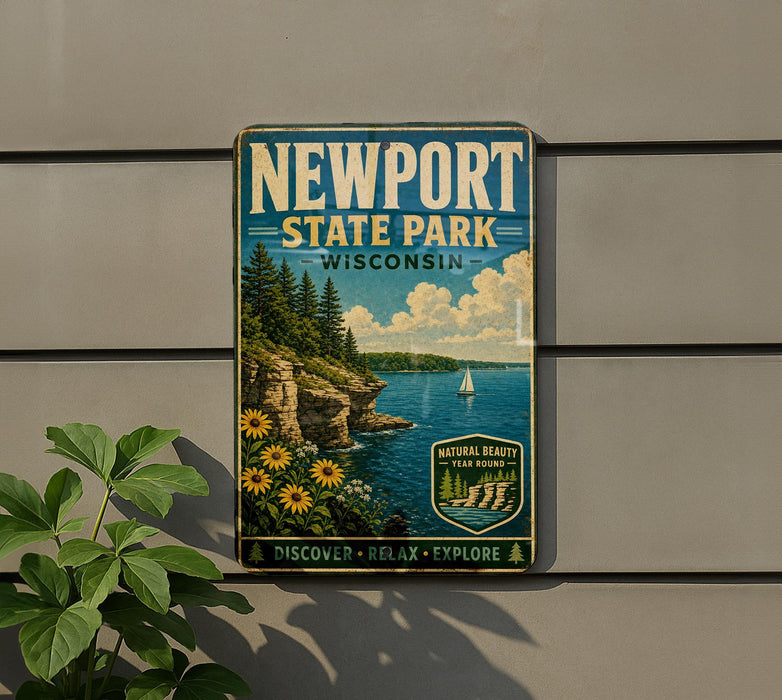 A vintage-style metal sign for Newport State Park in Wisconsin, featuring a scenic landscape with a lake, mountains, and a sailboat.