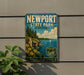A vintage-style metal sign for Newport State Park in Wisconsin, featuring a scenic landscape with a lake, mountains, and a sailboat.