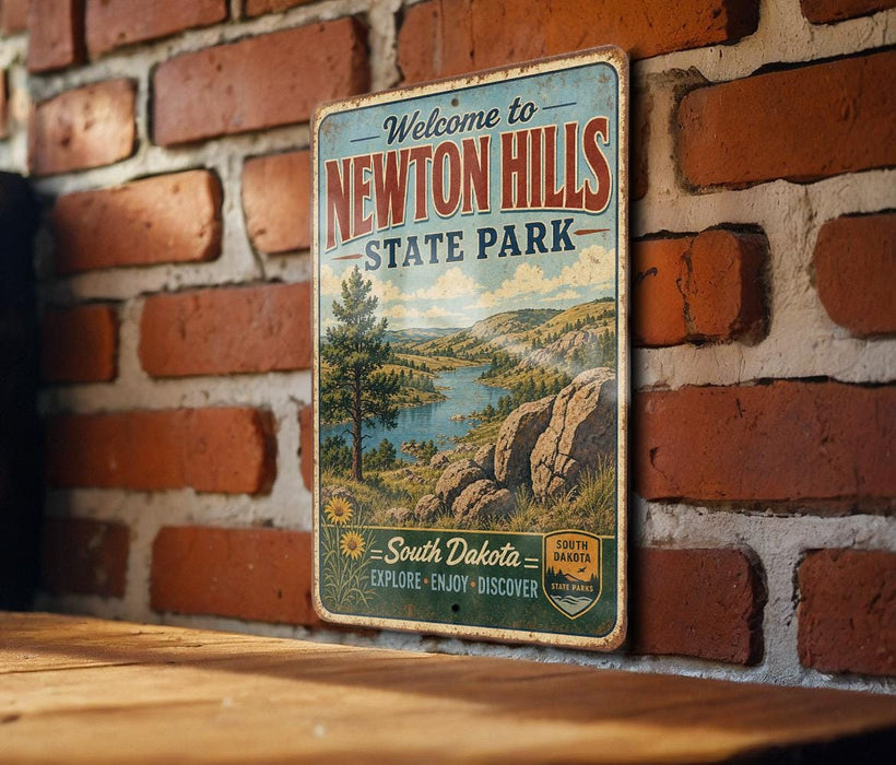A vintage metal sign welcoming visitors to Newton Hills State Park in South Dakota, featuring a scenic landscape with a river and mountains.