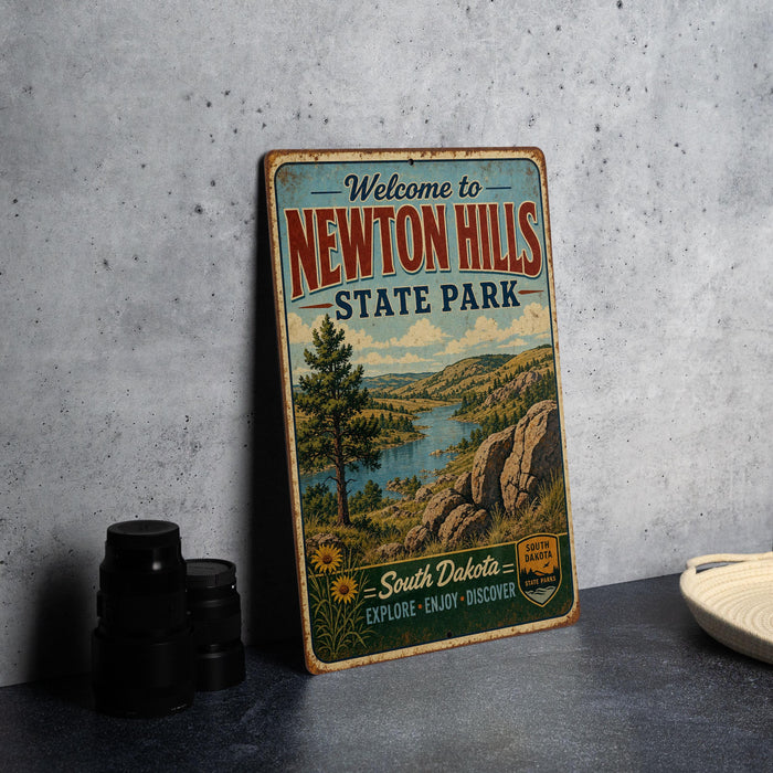 A vintage-style metal sign welcoming visitors to Newton Hills State Park in South Dakota, featuring a scenic landscape with a lake and mountains.