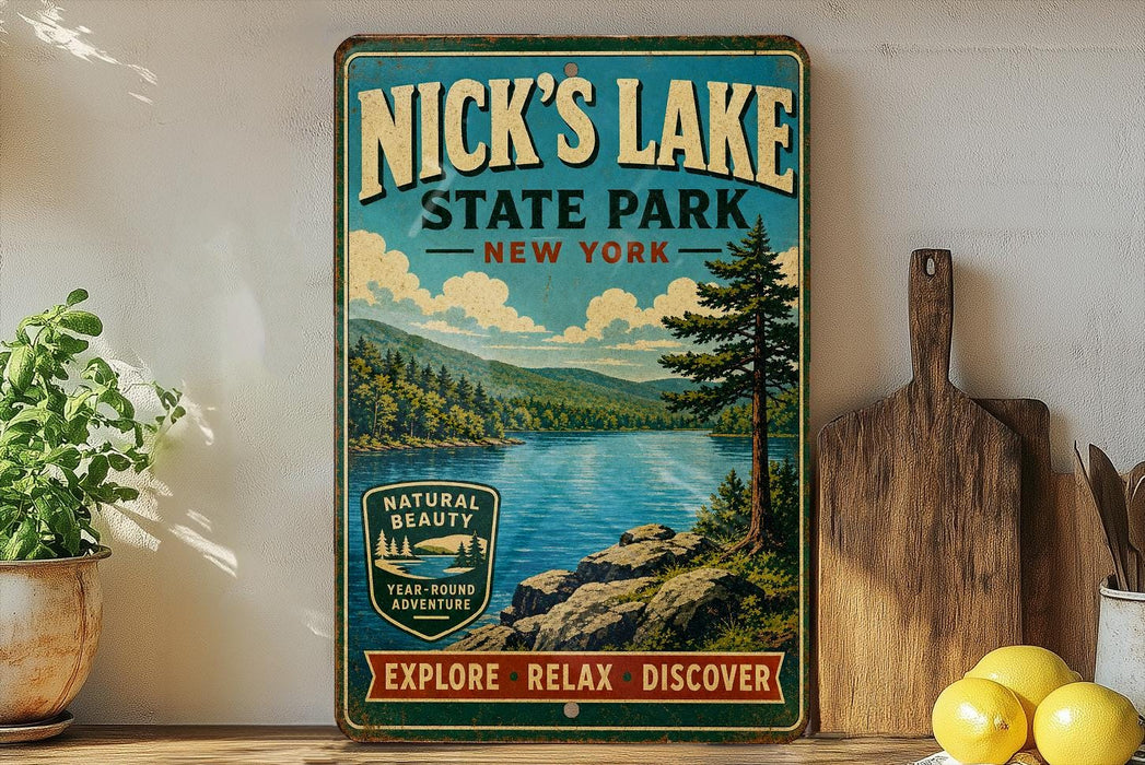 A vintage-style sign for Nick's Lake State Park in New York, featuring a scenic landscape with a lake, mountains, and pine trees.