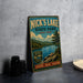 A vintage-style metal sign for Nick's Lake State Park in New York, featuring a scenic landscape with a lake, mountains, and pine trees.